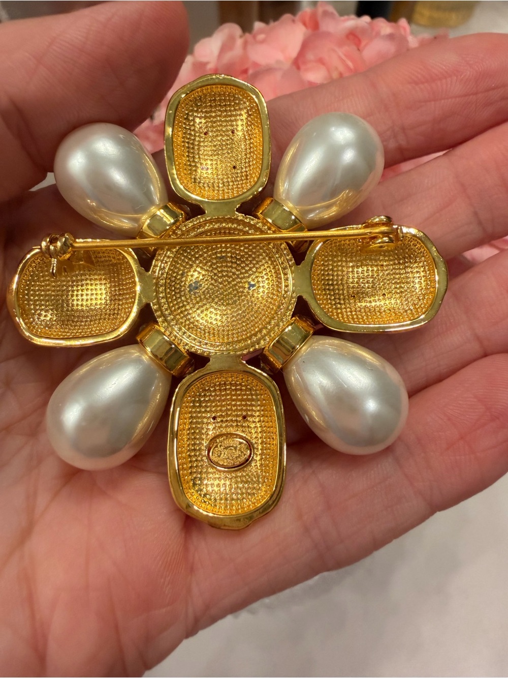 Gold-Tone Pearl & Red Enamel Floral Brooch with Logo Medallion - Picture 2 of 5